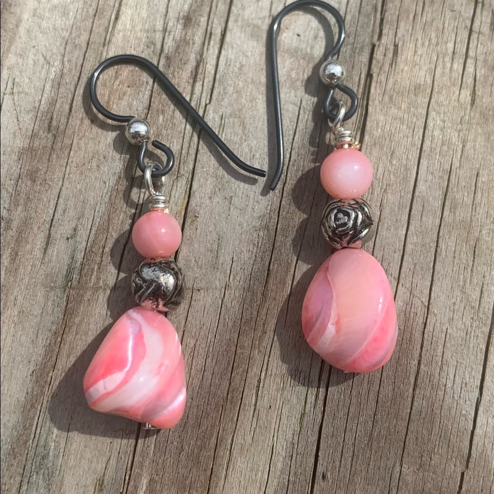Pink/Salmon Coral Earrings. Sterling Silver - Picture 2 of 6